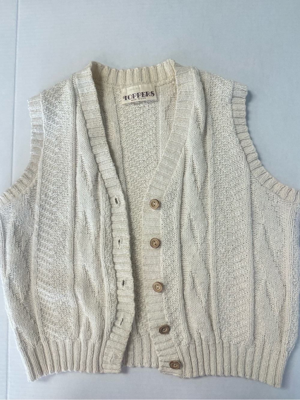 Vintage Toppers USA 100% Cotton Cable Knit Cardigan Sweater Vest Cream Ivory - Picture 7 of 11